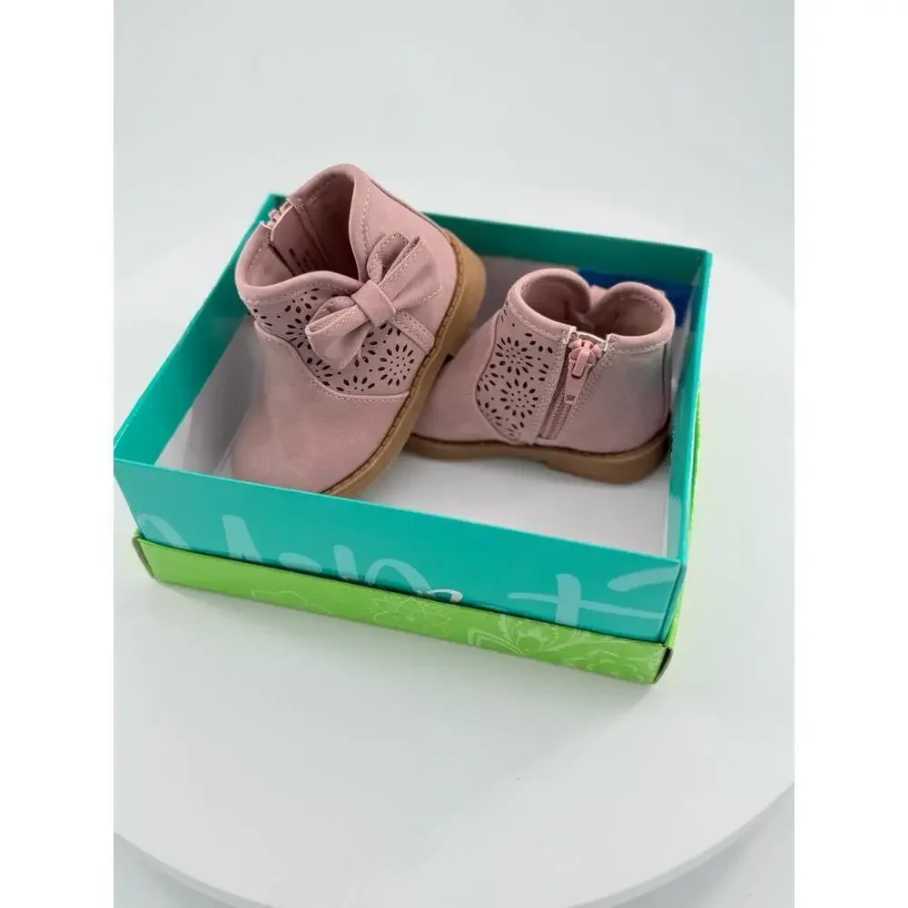 NWT Girls Toddler Shoe Size 5 Pink Ankle Bootie Suede Bow Perforated Pattern